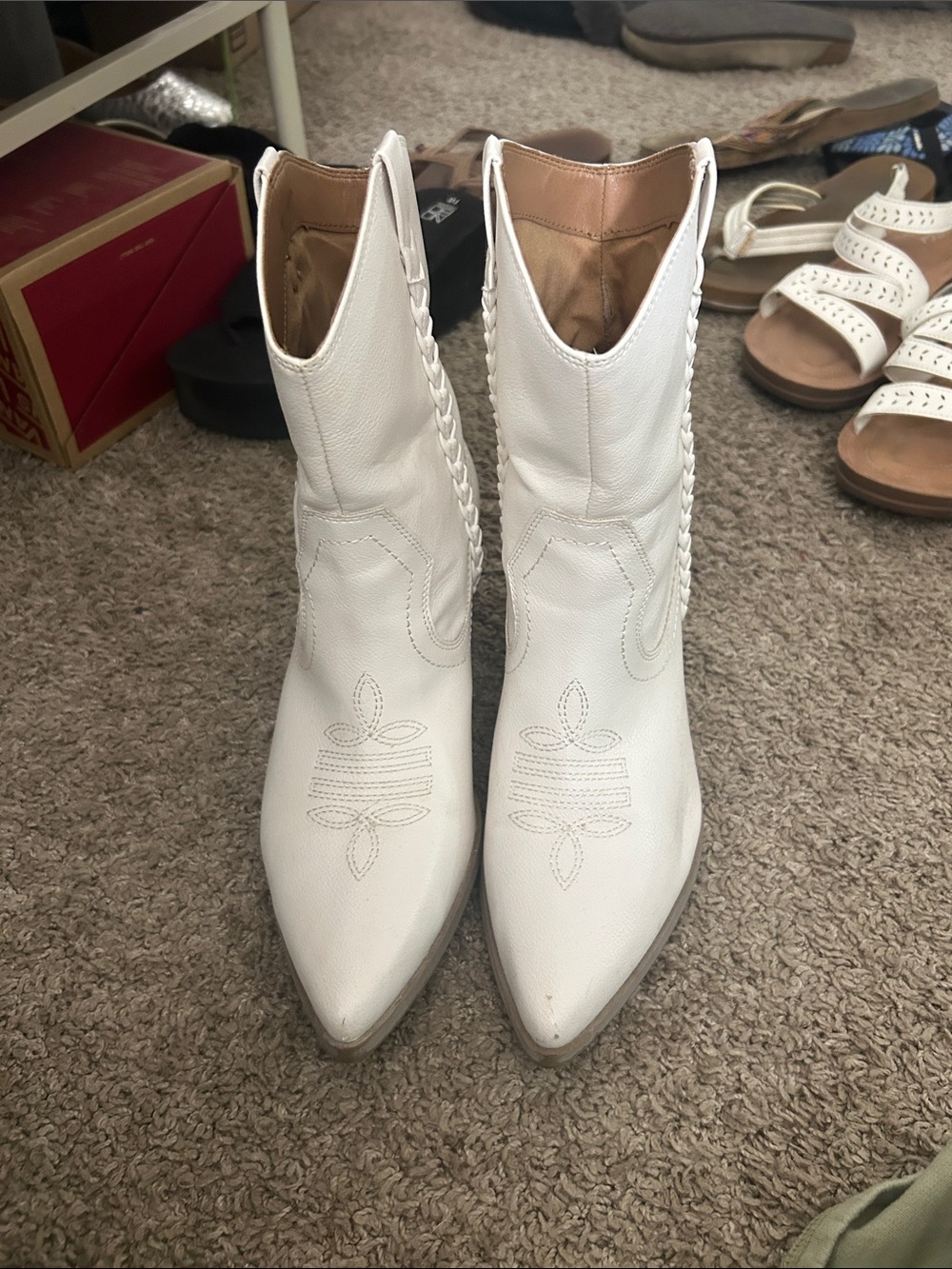 Braided-Trim White Pointed-Toe Western Ankle Boots